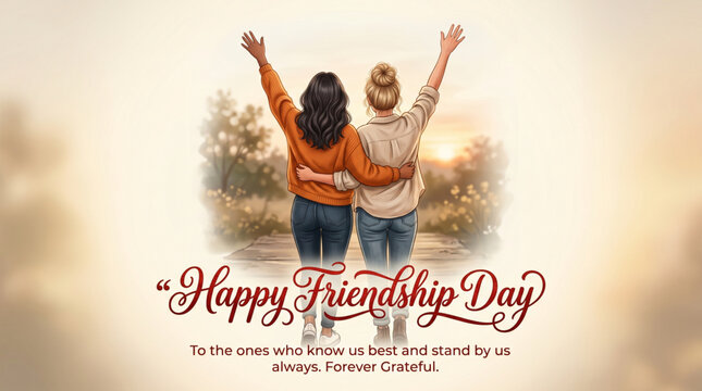 Emotional friendship moment of two best friends embracing and celebrating together at sunset expressing trust support and lifelong bond captured in warm illustration for greeting and sharing