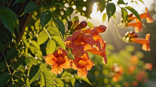 Trumpet vine flowers in golden sunset light, orange campsis radicans blooming in garden, summer floral background with soft bokeh