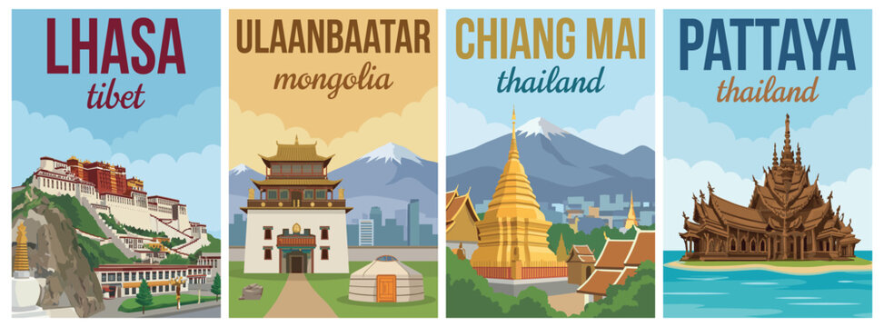 Vintage asia travel poster set. Including lhasa tibet, ulaanbaatar mongolia, chiang mai thailand, and pattaya thailand. Flat vector wall art prints.