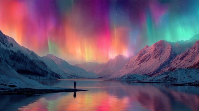 Man standing by a calm lake viewing colorful aurora borealis over snowy mountains. Night landscape with glowing northern lights reflecting on water surface. Nature travel and adventure concept.