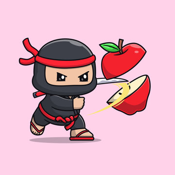 Cute Ninja Slash Apple With Sword Cartoon