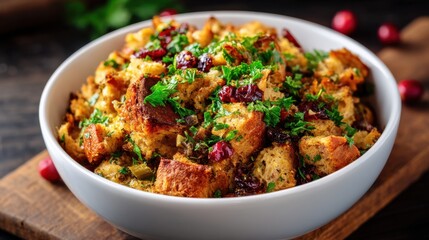 Fototapeta premium Bowl of homemade bread stuffing with cranberry and herbs. Traditional savory side dish for Thanksgiving dinner. Rustic festive food preparation for holiday celebration and banquet meal.