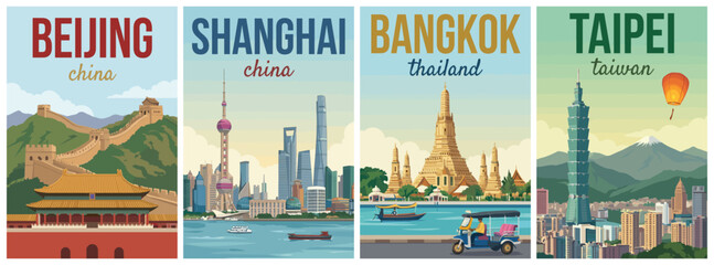 Naklejka premium Vintage asia travel poster set. Including beijing, shanghai china, bangkok thailand, and taipei taiwan. Minimalist flat vector landscape wall art prints.