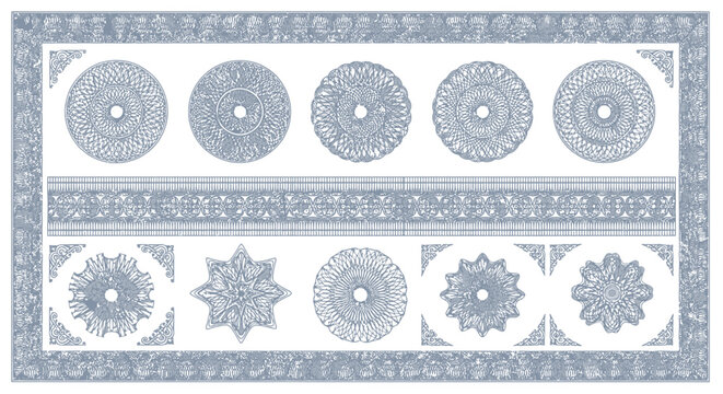 Intricate blue guilloche patterns for secure document design elements featuring circular rosettes and decorative border frames