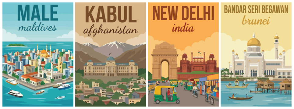 Vintage asia travel poster set. Including male maldives, kabul afghanistan, new delhi india, and bandar seri begawan brunei. Flat vector wall art prints