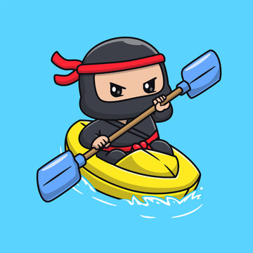 Cute Ninja Riding Boat Rafting Cartoon
