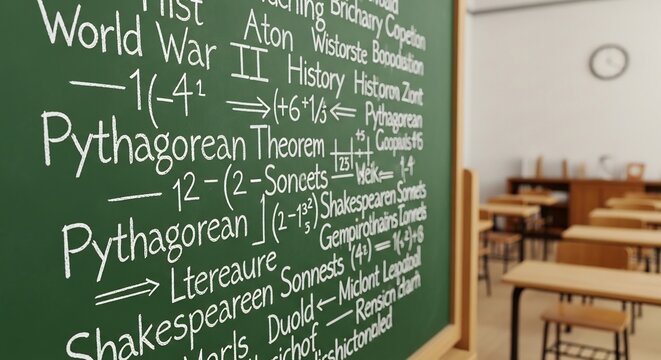 Classroom blackboard with math and literature subjects written on it.