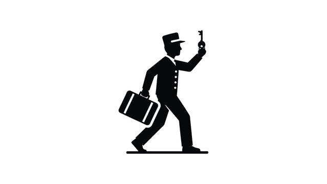 Minimalist silhouette icon of a hotel bellboy holding a key and carrying a suitcase.