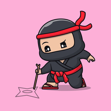 Cute Ninja Drawing Shuriken With Stick Cartoon