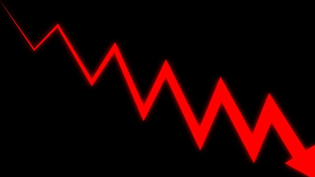 Red glowing zigzag down arrow animation symbolizing market crash and financial loss. Ideal for trading visuals, alerts, and business data overlays alpha channel