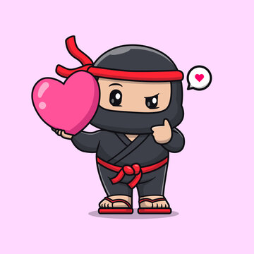 Cute Ninja Holding Love Heart Balloon Cartoon