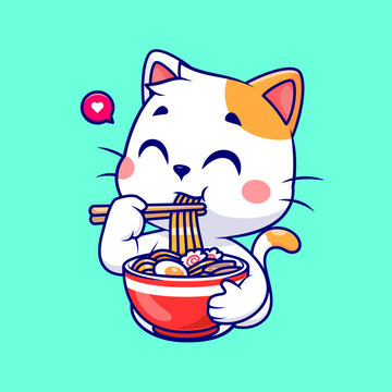 Cute Cat Eating Ramen Noodle Cartoon 