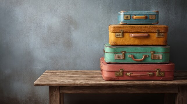Stack of colorful vintage suitcases on a wooden table. Antique luggage for travel and trip organization. Retro baggage collection concept for vacation planning and holiday departure.