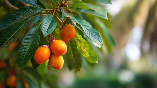 Ripe orange loquat fruit growing on tree branch. Fresh organic drupe hanging in lush green foliage. Garden harvest in sunny nature environment. Tropical agricultural plant concept.