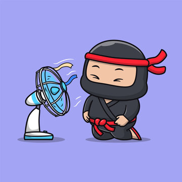 Cute Ninja Sitting With Fan Cartoon