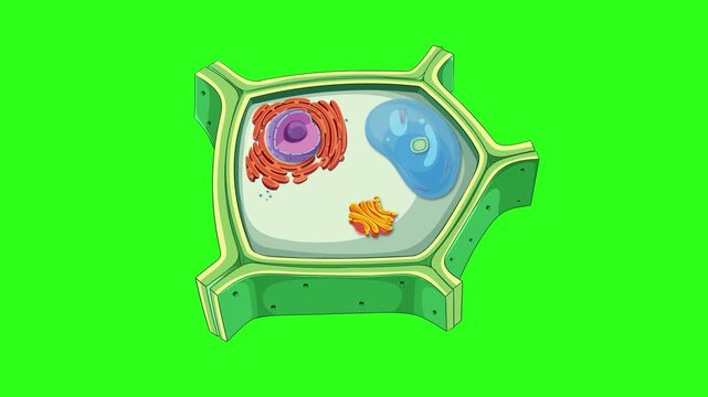 Plant cell structure animation showing organelles and vacuole with crystals inside.