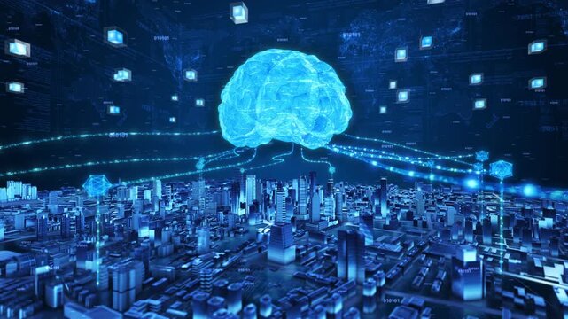 3D technology city brain, future high-tech city brain connectivity, glowing blue digital brain hovering above a modern cityscape, connected by luminous data lines to global nodes and binary code.