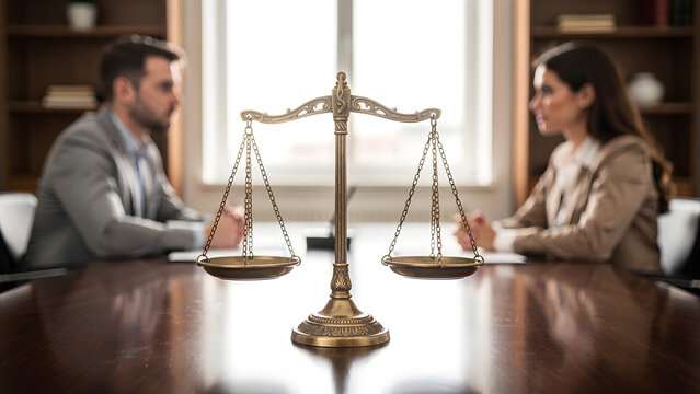 A legal balance scale between a man and a woman suggesting a divorce or legal dispute concept