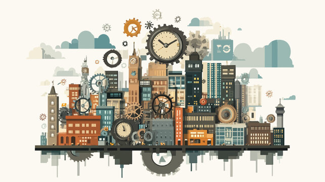 Stylized illustration of a steampunk cityscape, featuring buildings, clock faces, and gear elements