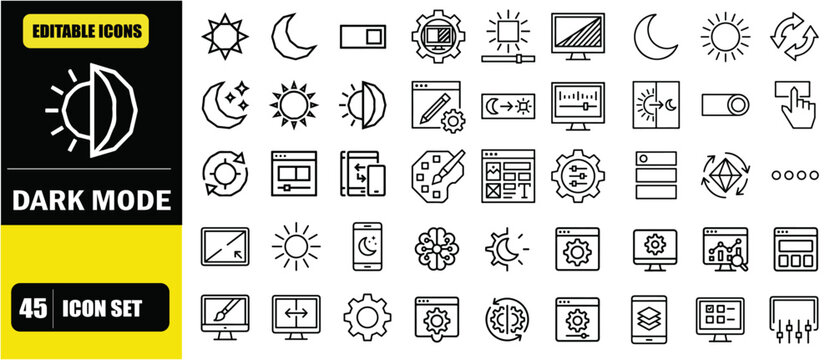 Dark Mode and Light Mode Icon Set &ndash; Theme Switching, UI Appearance, User Preferences, Interface Design and Display Settings Line Icons &ndash; Thin Line Editable Stroke Vector Illustration for UI UX, Web an