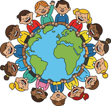 Diverse happy children holding hands around the planet earth globe vector illustration.