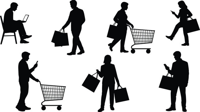 Black silhouettes of modern people shopping and using technology devices representing consumer lifestyle and digital habits