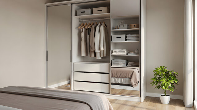 Small apartment closet interior with floor to ceiling wardrobe plant and bed edge compact room scene showing custom storage mirrored doors clean layout and organized urban living