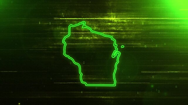 4K Resolution, Wisconsin State (USA) Digital Futuristic Glitch Map, Futuristic AI Wisconsin Map Opener Suitable for Elections, July 4th and Memorial Day