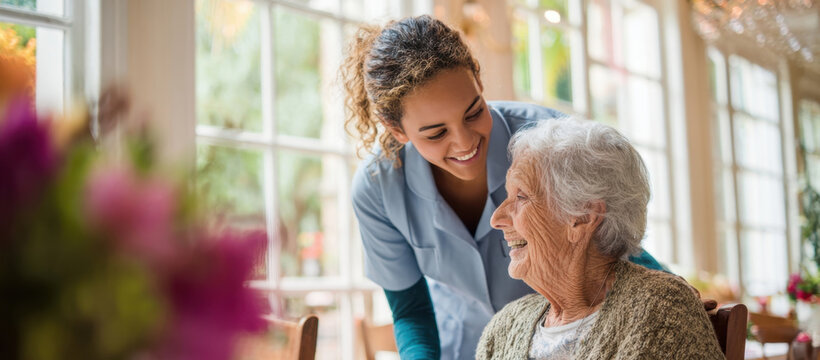 Friendly young female caregiver or nurse smiling warmly at an elderly woman in a bright assisted living facility, highlighting compassionate senior care, elder support, and professional healthcare.