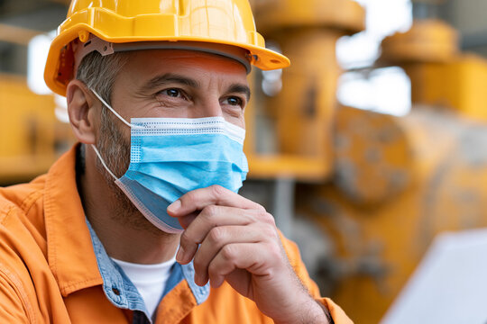 Worker wears hard hat and face mask. Hand near chin, thoughtful expression. Industrial setting with yellow machinery. Safety gear shows professional caution. Ideal for construction, maintenance