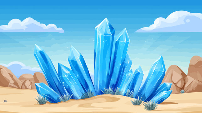 A cartoon landscape depicts crystalline formations in a desert setting with blue sky and light clouds