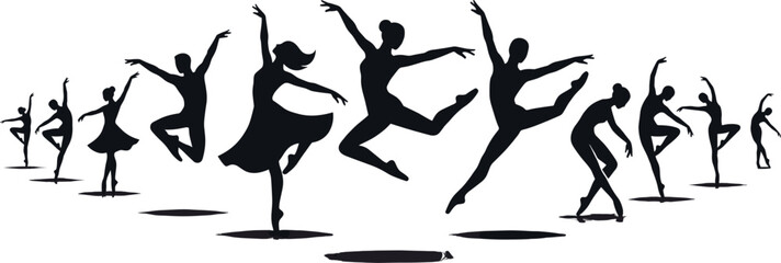 Ballet dancer silhouettes collection with elegant jumping and pose variations isolated on white background for performance and art design © MostMeskatun