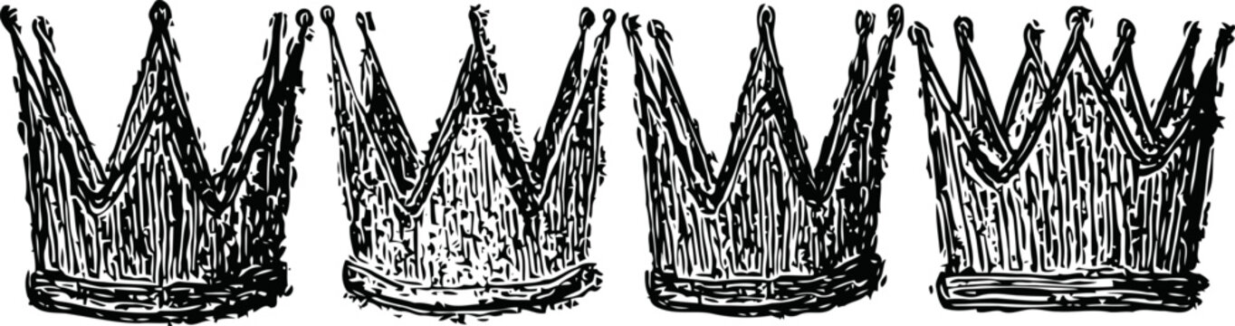 Four vintage hand drawn crowns in black ink line art, medieval royal headpieces in classic