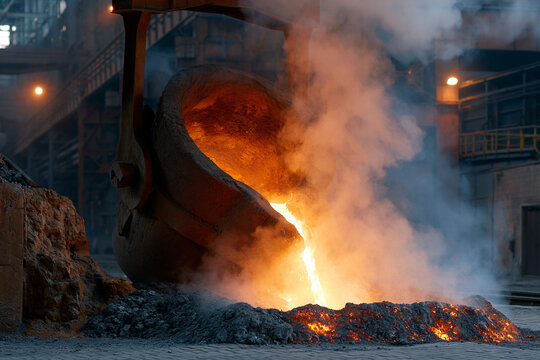 Molten metal pours from a heavy, industrial ladle. Smoke swirls above the glowing, hot slag pool. Industrial furnace glow illuminates the scene. Steelworkers' tools surround the casting area