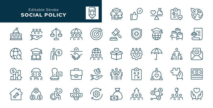 Social policy. Set of outline icons. Livelihoods, welfare, social development, protection and security, education, insurance and moreLine icon in linear style. Vector collection	