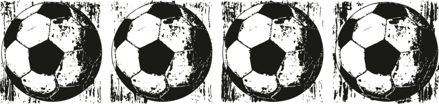 Four grunge soccer balls with worn texture on white background