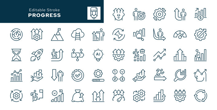 Progress. Set of outline icons. Growth, efficiency, moving forward, success, development, increasing the level of organization, productivity and more.Line icon in linear style. Vector collection	