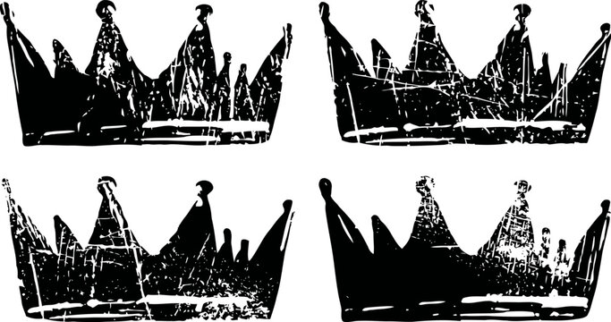 Vintage grunge crowns set hand drawn textured royal headpieces in black