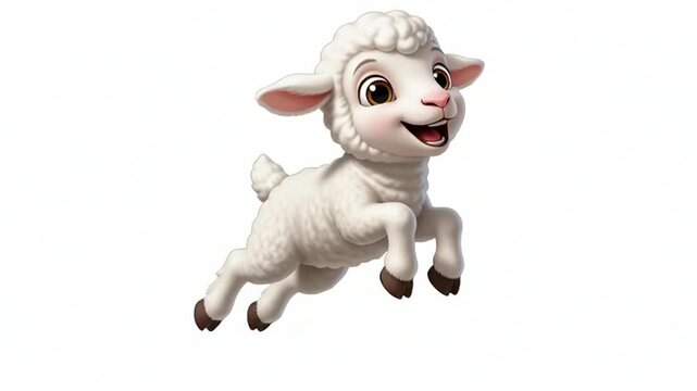 Happy cartoon lamb jumping with joy on white background
