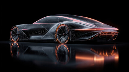 Fototapeta premium Futuristic Wireframe Supercar Concept with Glowing Orange Accents and Sleek Aerodynamic Silhouette on Reflective Black Background Representing Advanced Automotive Engineering and High Tech Innovation.