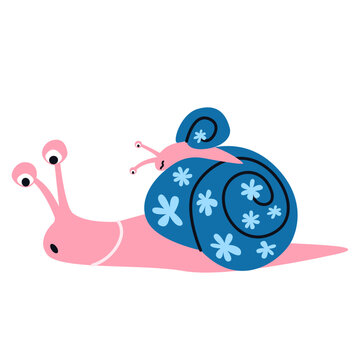 Cute pink snail with patterned blue shell. Garden animal illustration for baby design, stickers, card or poster