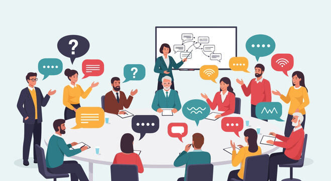 Diverse Team Brainstorming Ideas in a Meeting, Discussing Strategy with Speech Bubbles