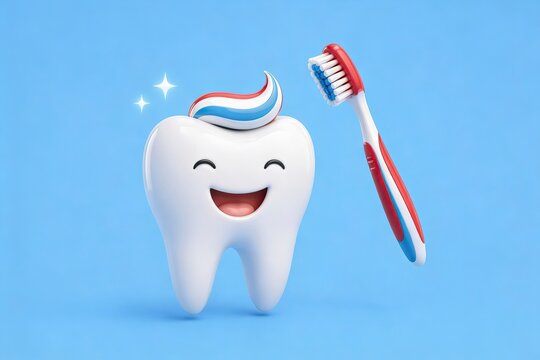 Smiling Tooth with Toothpaste and Toothbrush 3D Illustration