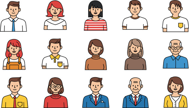 Diverse People Avatar Set with Men Women and Senior Characters Flat Cartoon Style User Profile Icons for Social Media and Web Design.