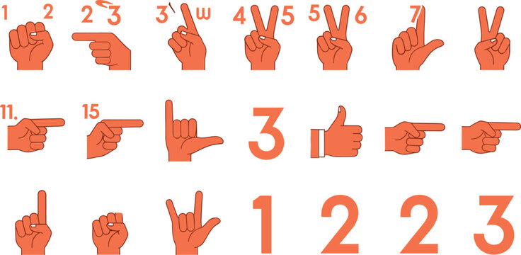 Hand Counting Gesture Icons Set with Finger Number Signs and Human Communication Symbols Flat Style Illustration for Education UI and Learning Design.