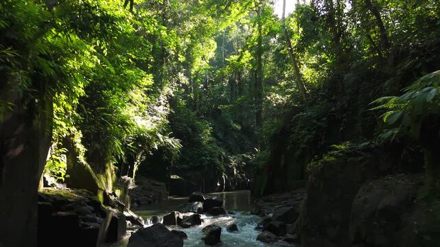 Cinematic aerial dolly forward shot over a lush tropical river in Tukad Beng Canyon near Kanto Lampo Waterfall, Bali, Indonesia, surrounded by dense jungle greenery