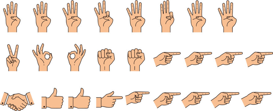 Hand Gesture Icons Set with Finger Counting Signs Pointing Symbols and Human Communication Expressions Flat Style Illustration for UI Design and Educational Use.