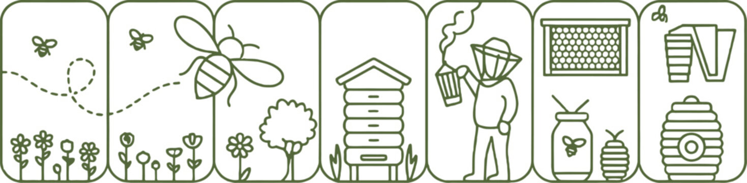 Green line icons of bees, beekeeper, hive, honey and flowers