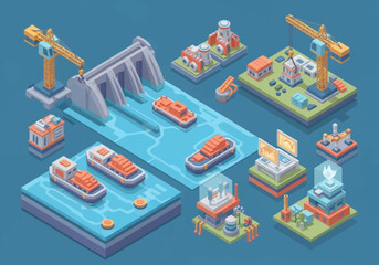 Obraz premium Isometric illustration of a hydroelectric power plant construction site with cranes, dams, and buildings.