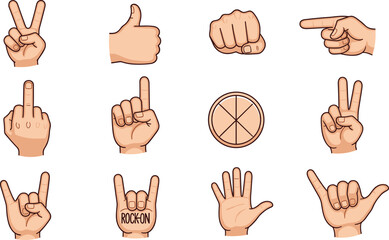 Fototapeta premium Hand Gesture Icons Set with Finger Signs Symbols and Human Communication Expressions Detailed Style Illustration for UI Design and Visual Language Projects.